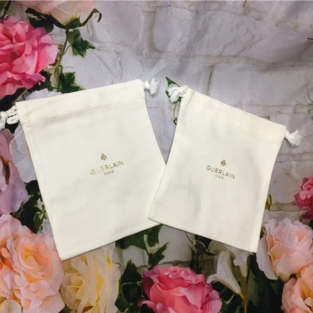 TWO (2) Guerlain mini small white drawstring dustbag new approx 5” x 5”